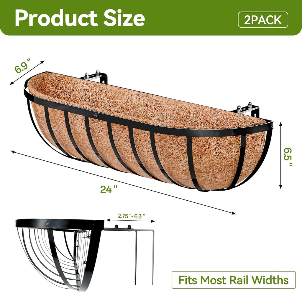 Halatool 24 Inch Railing Planter Box, 2 Pack Trough Planter Box for Outdoor | Natural Coco Liner, Heavy Duty Metal with