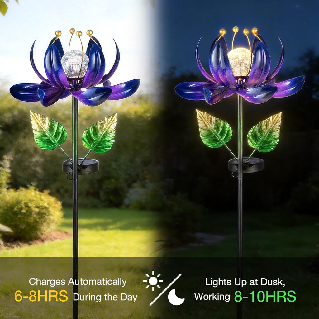 AIINY Solar Purple Metal Flower Wind Spinners, Colorful Spinning Windmill Lotus Yard Art Lights with LED Crystal Ball