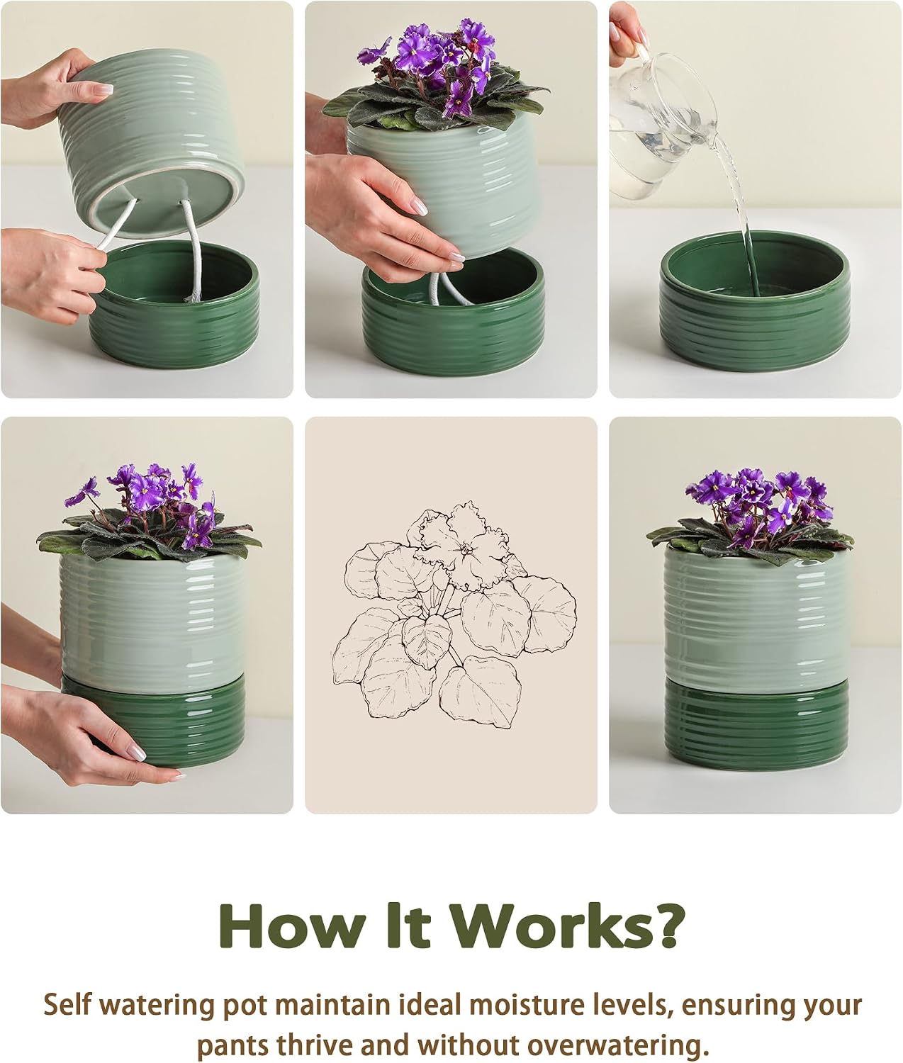 Fayoula Self Watering Pots for Indoor Plants, 6 Inch Ceramic Self Watering Plant Pot, Planter Pot with Wick Rope and