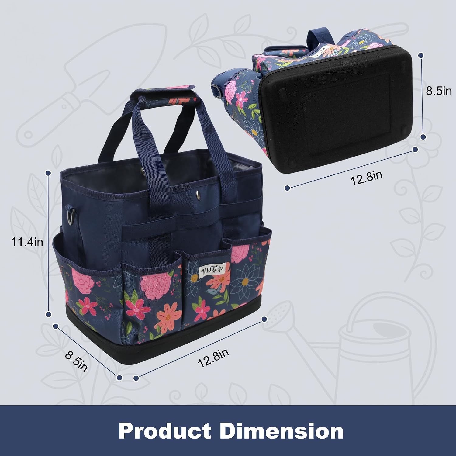 Hard Bottom Floral Garden Tool Tote Bag with Shoulder Strap | Gardening Tote Organizer with 8 pockets, Padded Handles
