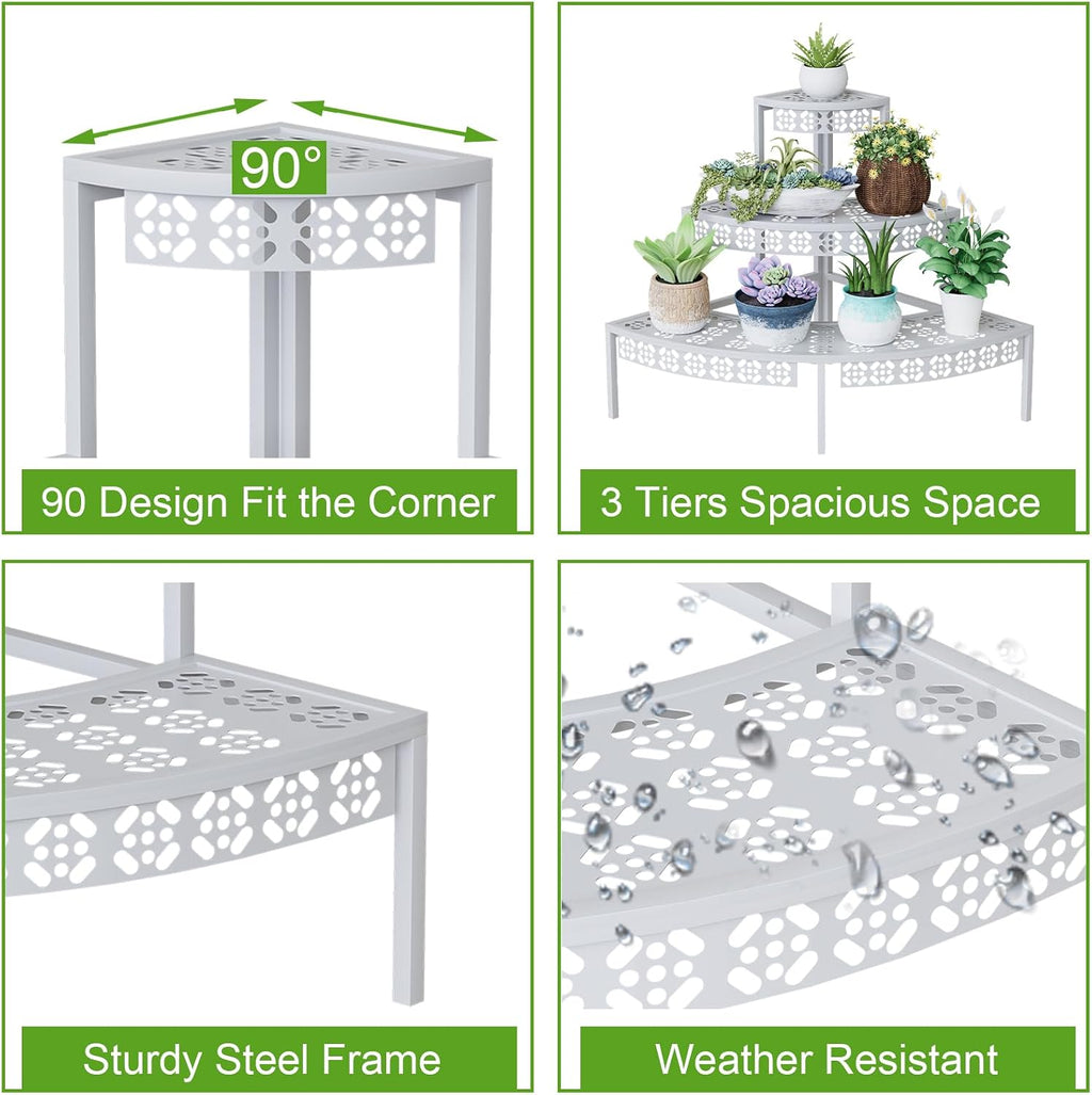 3-Tier Semi-Circular Metal Plant Stand, Quarter Round Rack | Semi-circular quarter-round design,3-tier stair style for