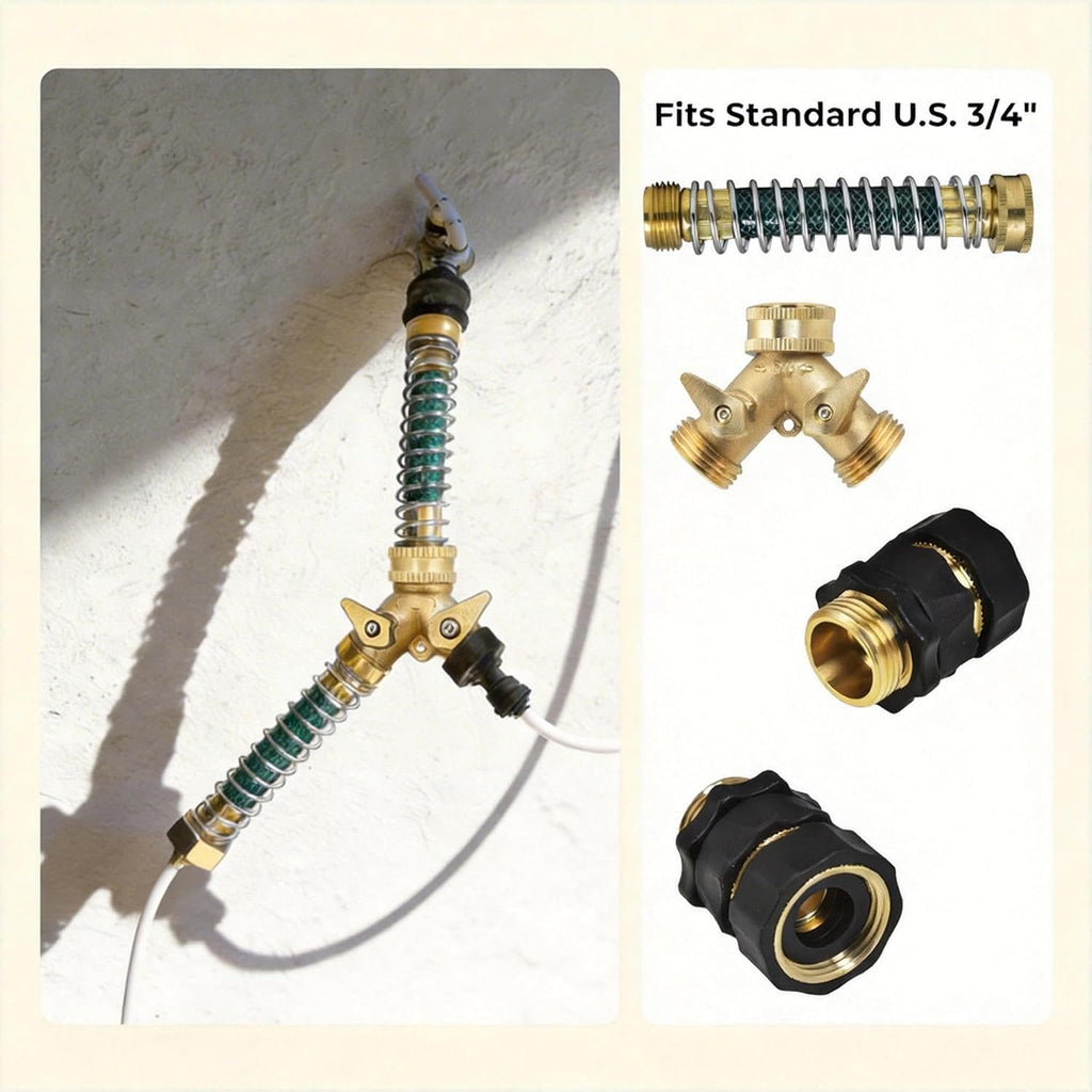VANCOCO Garden Hose Coiled Spring Protectors, 3/4" Heavy Duty Brass Hose Splitter 2 Way with Hose Spring Protector for
