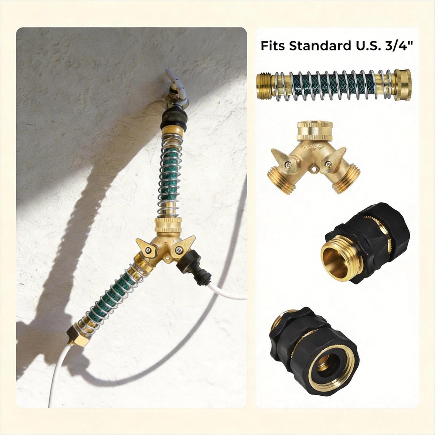 VANCOCO Garden Hose Coiled Spring Protectors, 3/4" Heavy Duty Brass Hose Splitter 2 Way with Hose Spring Protector for