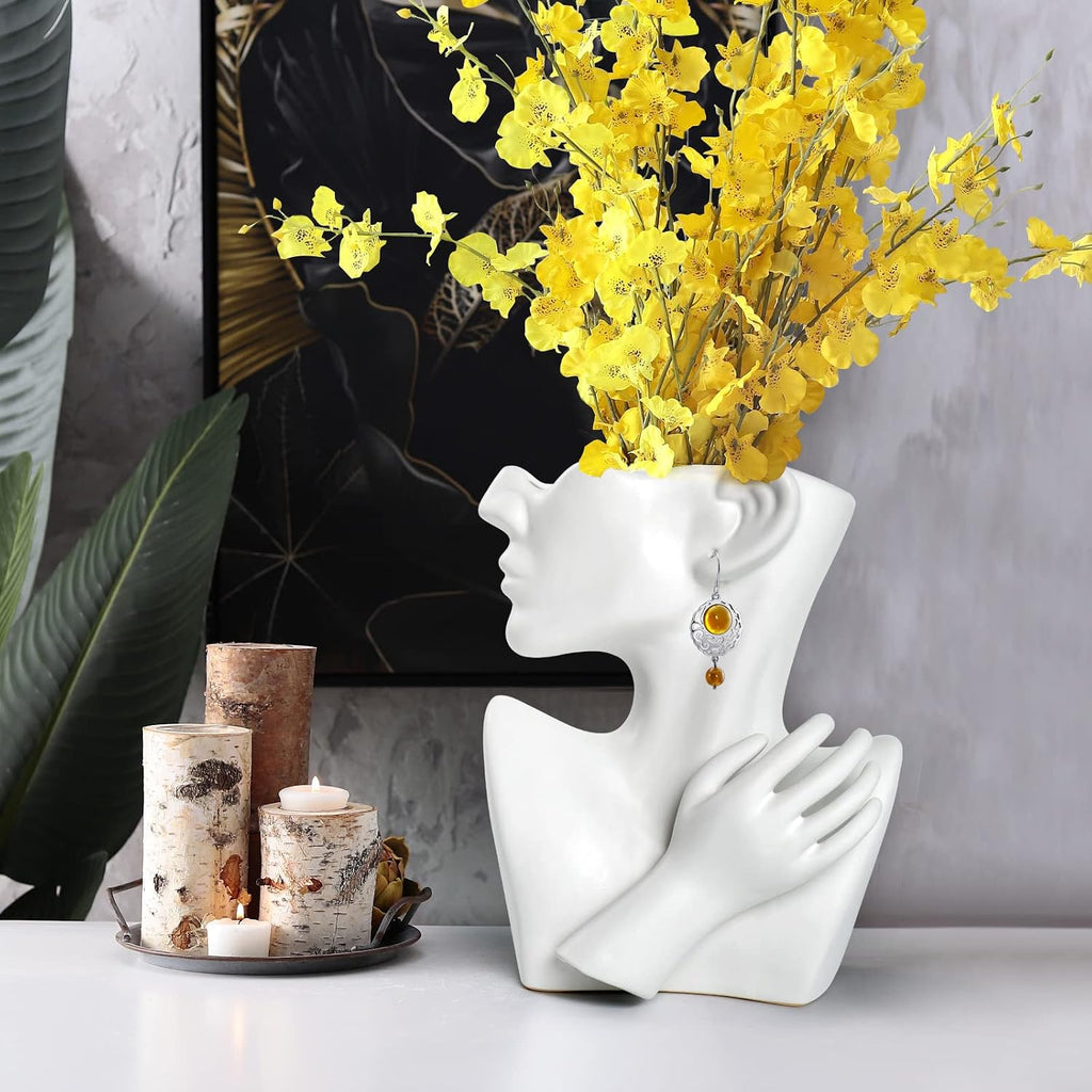 GDYOOSHOW Face Vases for Flowers Bust Planter Ceramic Head Vase Display Jewelry Rack White 9.84 Inches High Suitable