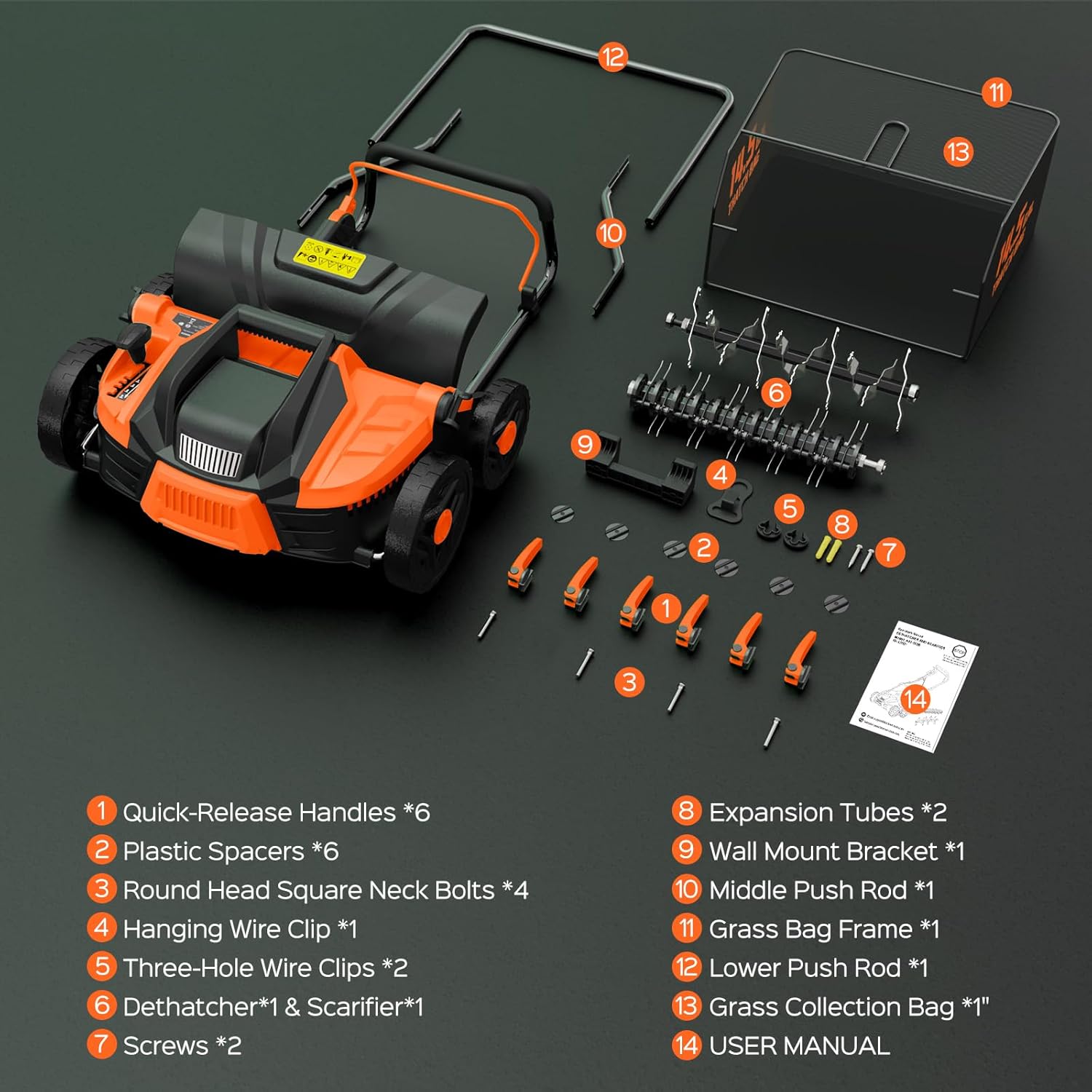 TIECTOWN 16-Inch 15.5 Amp 2-in-1 Electric Dethatcher and Scarifier with 14.5-Gallon Collection Bag, Lawn Dethatcher