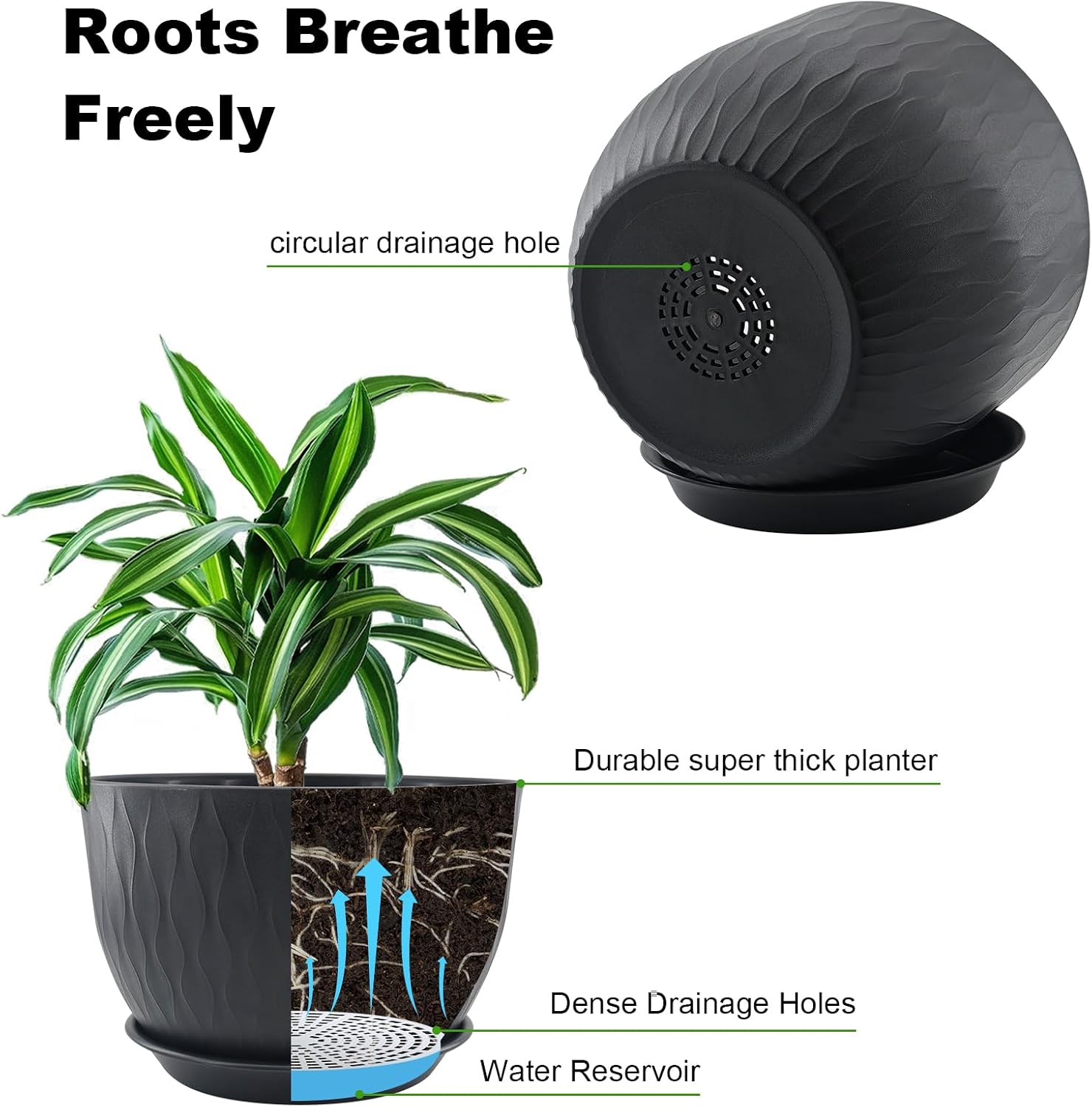 12/10/9 inch Plant Pots, 3 Pack Flower Pots for Outdoor Indoor Garden Plants, Large Planters with Multi Mesh Drainage