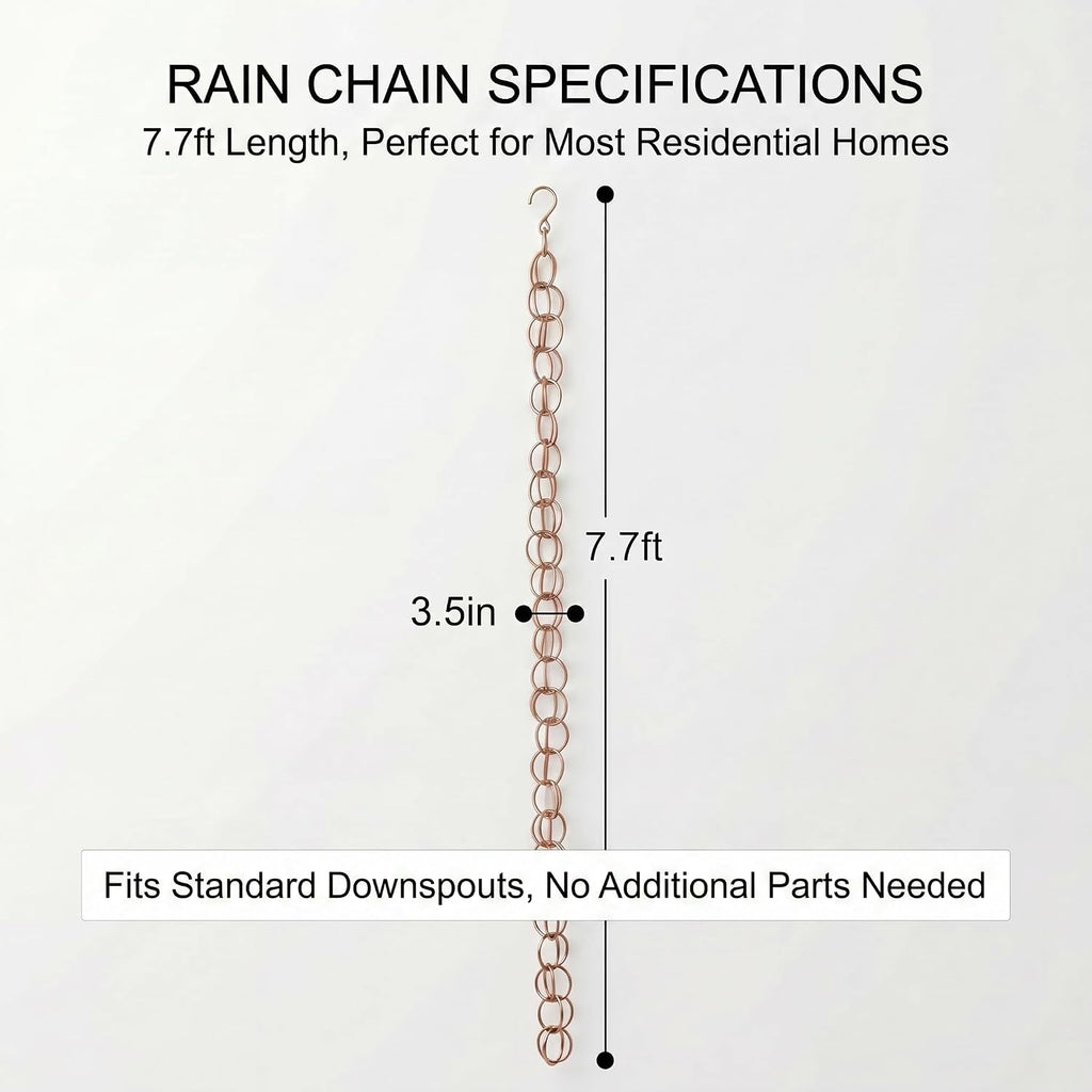 Topadorn 7.7FT Copper-Tone Double Ring Rain Chain | Modern Decorative Metal Downspout Replacement, Adjustable Outdoor