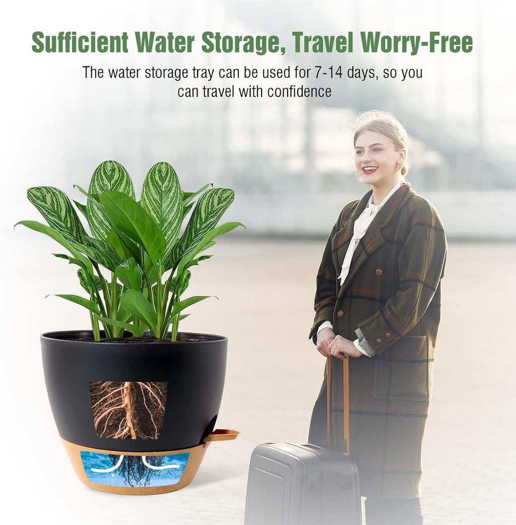 WOUSIWER 10 inch Self Watering Planters, 2 Pack Large Plastic Plant Pots with Deep Reservior and High Drainage Holes