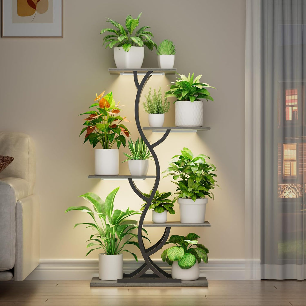 Plant Stand Indoor with Grow Lights - 5 Tiered Corner Plant Shelves (Gray) | 44" Tall Metal Plant Shelf, S-Shape