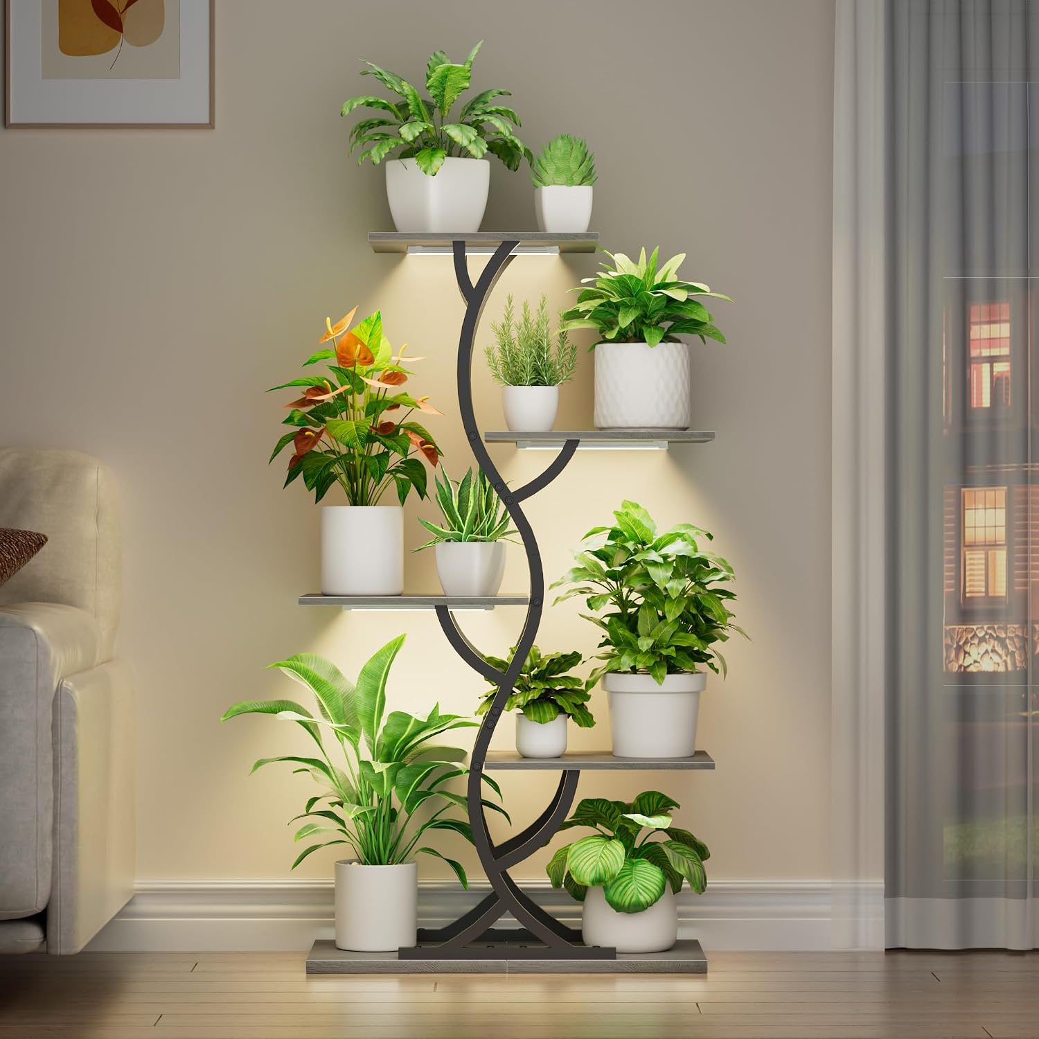 Plant Stand Indoor with Grow Lights - 5 Tiered Corner Plant Shelves (Gray) | 44" Tall Metal Plant Shelf, S-Shape