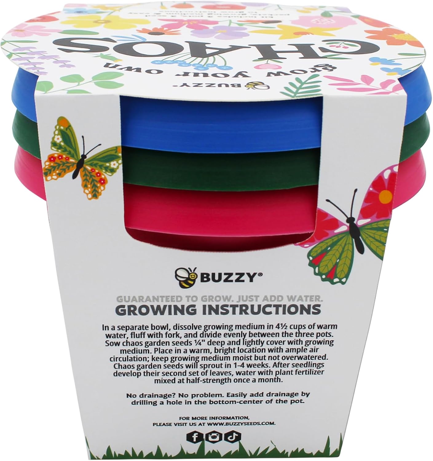 Buzzy Seeds Chaos Garden Grow Kit 3-Pack - Decorative Planter - Complete Indoor/Outdoor Gardening Kit with Seeds