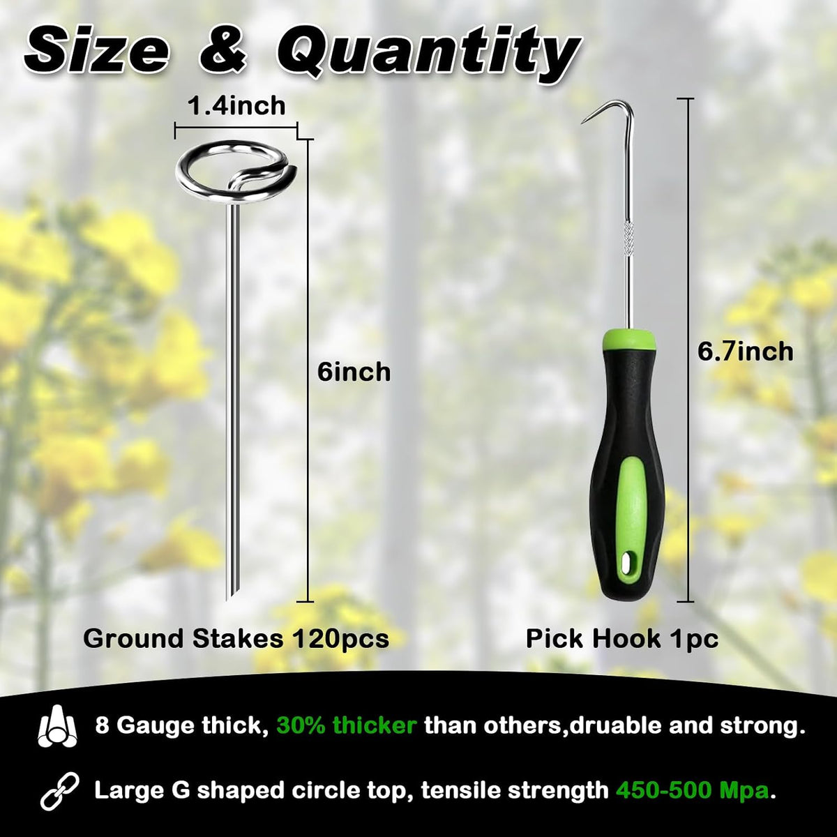 Heavy Duty Landscape Fabric Pins 8 Gauge 120 Pack with Pick Hook, 6 Inch Galvanized Round Head Garden Stakes for Weed