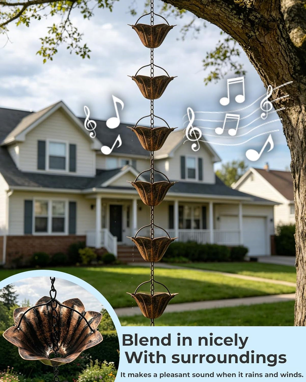 9.5FT Antique Bronze Lotus Rain Chain 12-Cup Downspout Replacement | Sturdy Metal, Rainwater Harvesting, Replaces