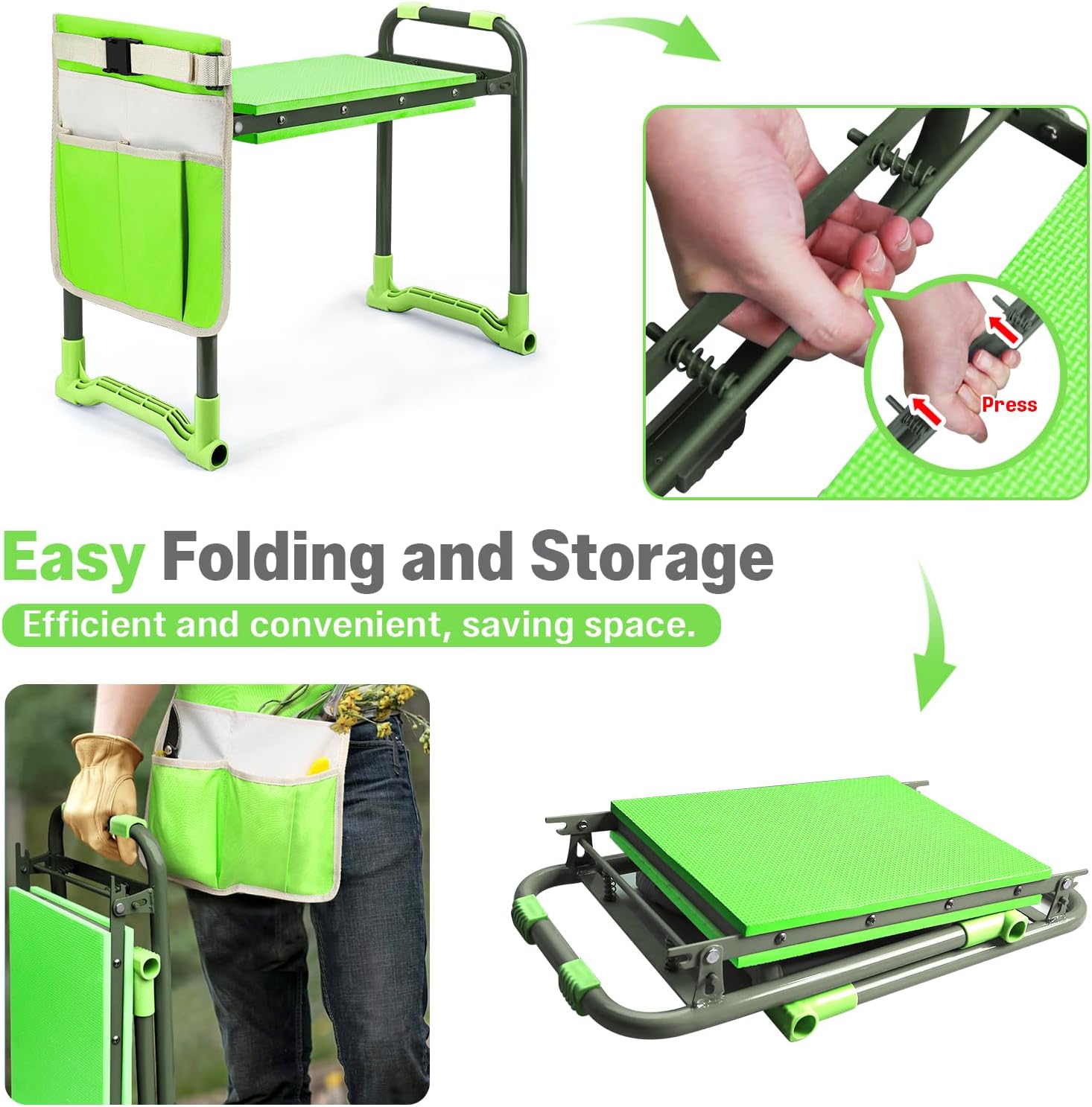 Garden Kneeler and Seat Heavy Duty, Foldable Gardening Stool Bench | With Widened Thick Soft Kneeling Pad and Tool