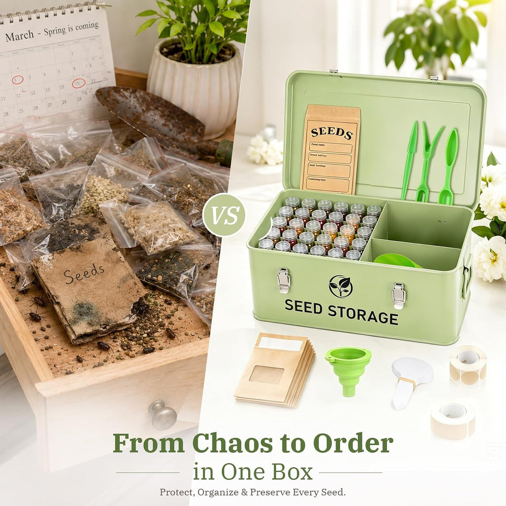 60 Slots Metal Seed Organizer with 3 Compartment Lid & Safety Locks | Seed Storage with 20 Windowed Seed Envelopes