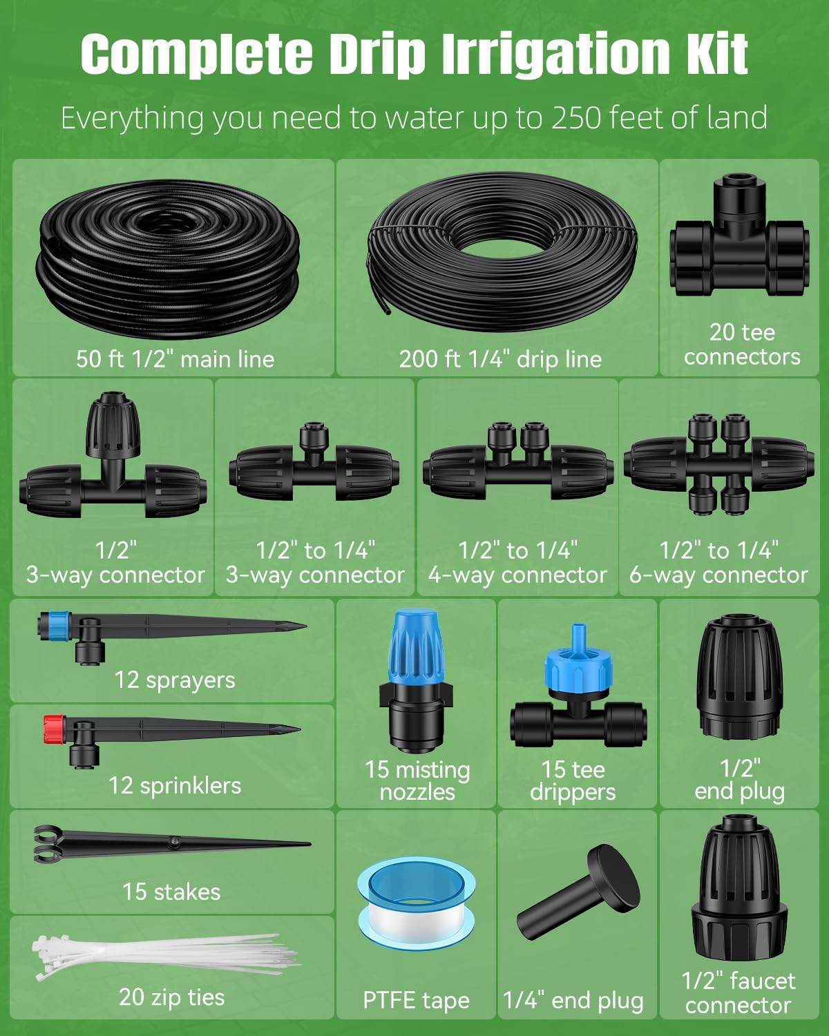 Pawfly 250 ft Drip Irrigation System, Quick-Connect Drip Irrigation Kit with 50ft 1/2" & 200ft 1/4" Tubing and
