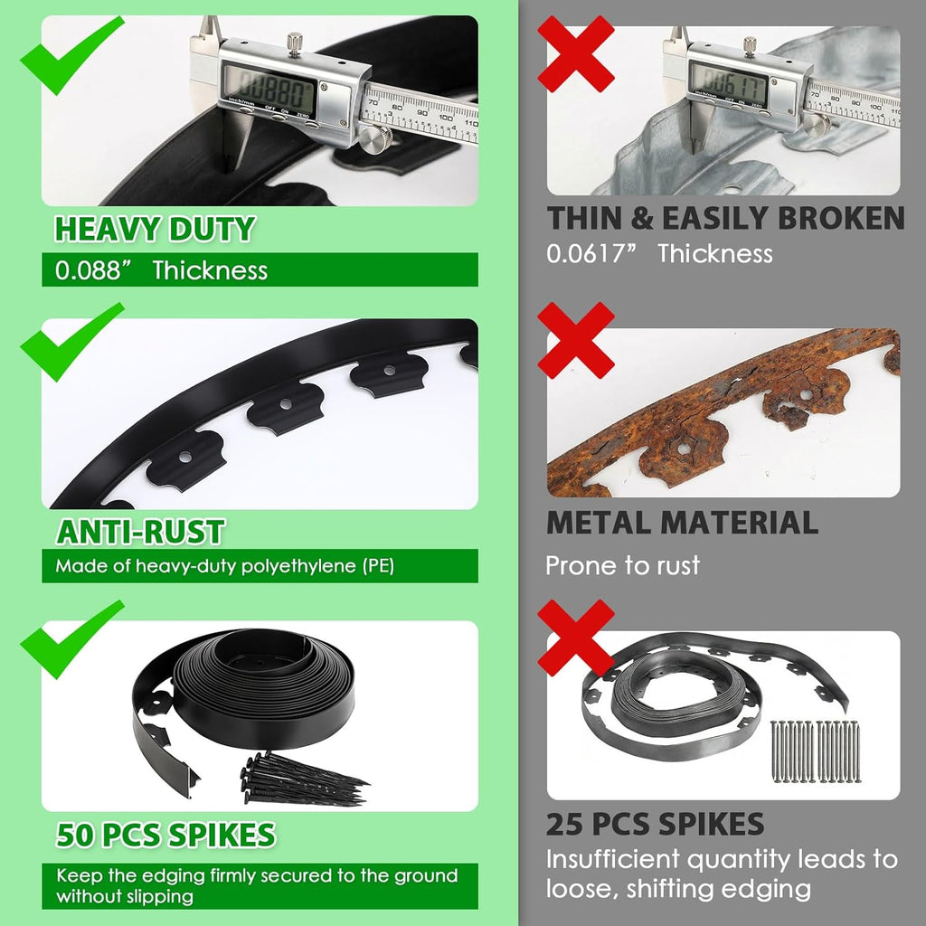 No Dig Landscape Edging 2 Inch x 40 FT, Heavy Duty Flexible Plastic Garden Border with 50 Spiral Spikes, Lawn Edging