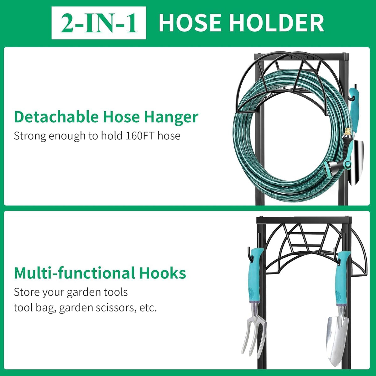 TomCare Garden Hose Holder, 4 Spikes Heavy Duty Hose Stand for 160FT Hose | Thick Metal Frame, 250 lbs Load Capacity