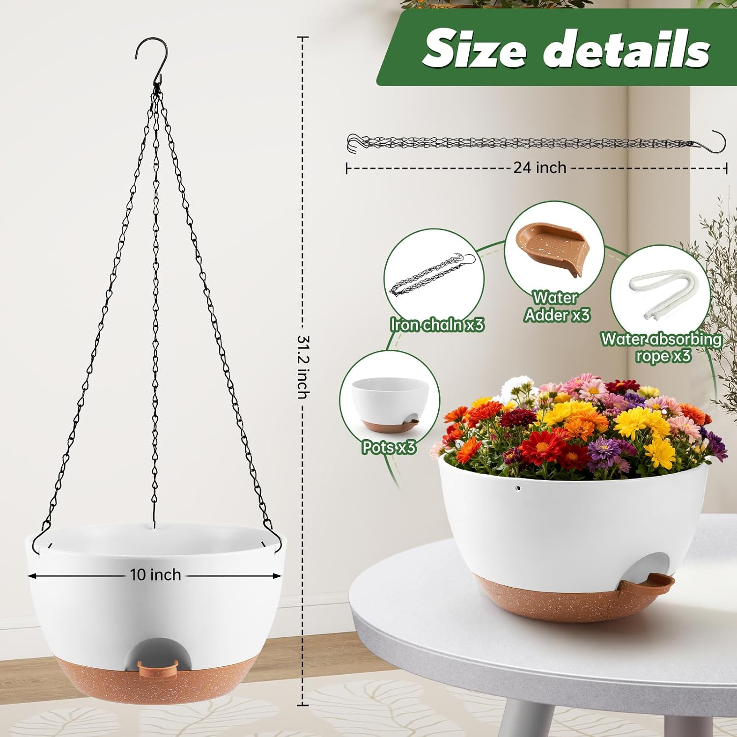 3-Piece Set of 10-Inch Hanging Planters with Automatic Watering System and Drip Tray, Includes Metal Chain, Suitable