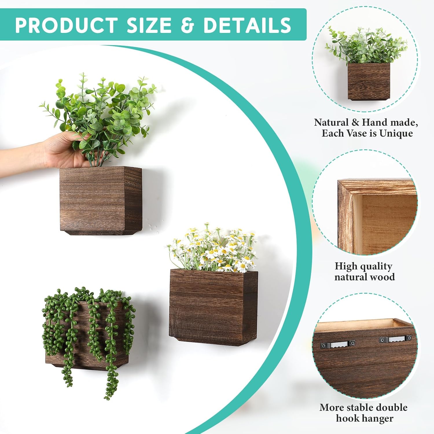 Qinyoung 4 Pack Wood Wall Planters Natural Hanging Plant Pots 5.5 x 5 Inches Natural Farmhouse Wall Hanging Decor Vase
