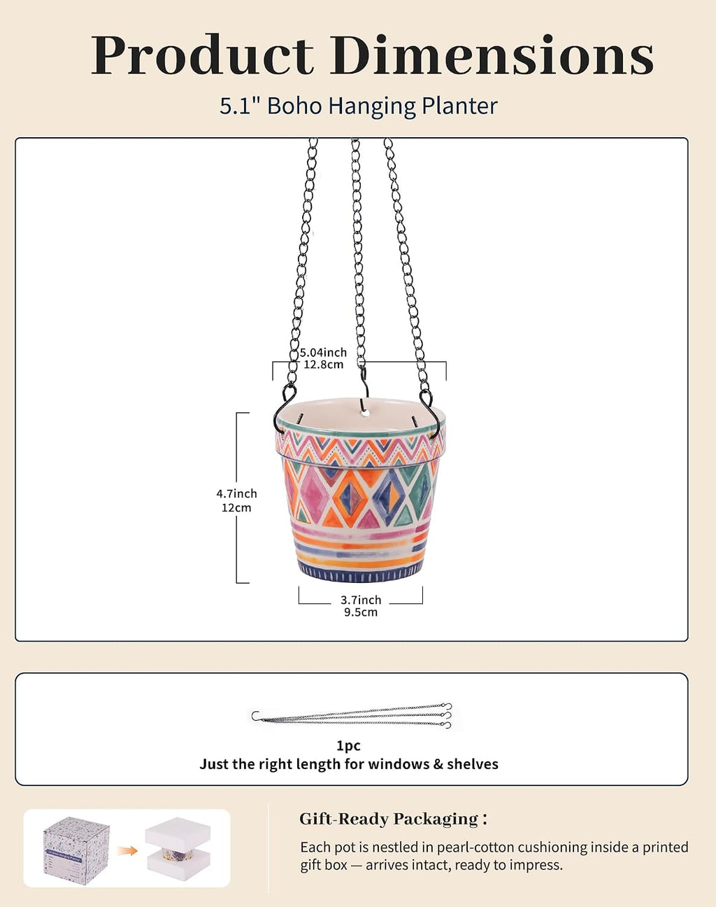 D'ORAMIE Boho Hanging Planter - 5.1" Stoneware Moroccan Geometric Pattern | Ceramic Indoor Outdoor Flower Pot with Iron