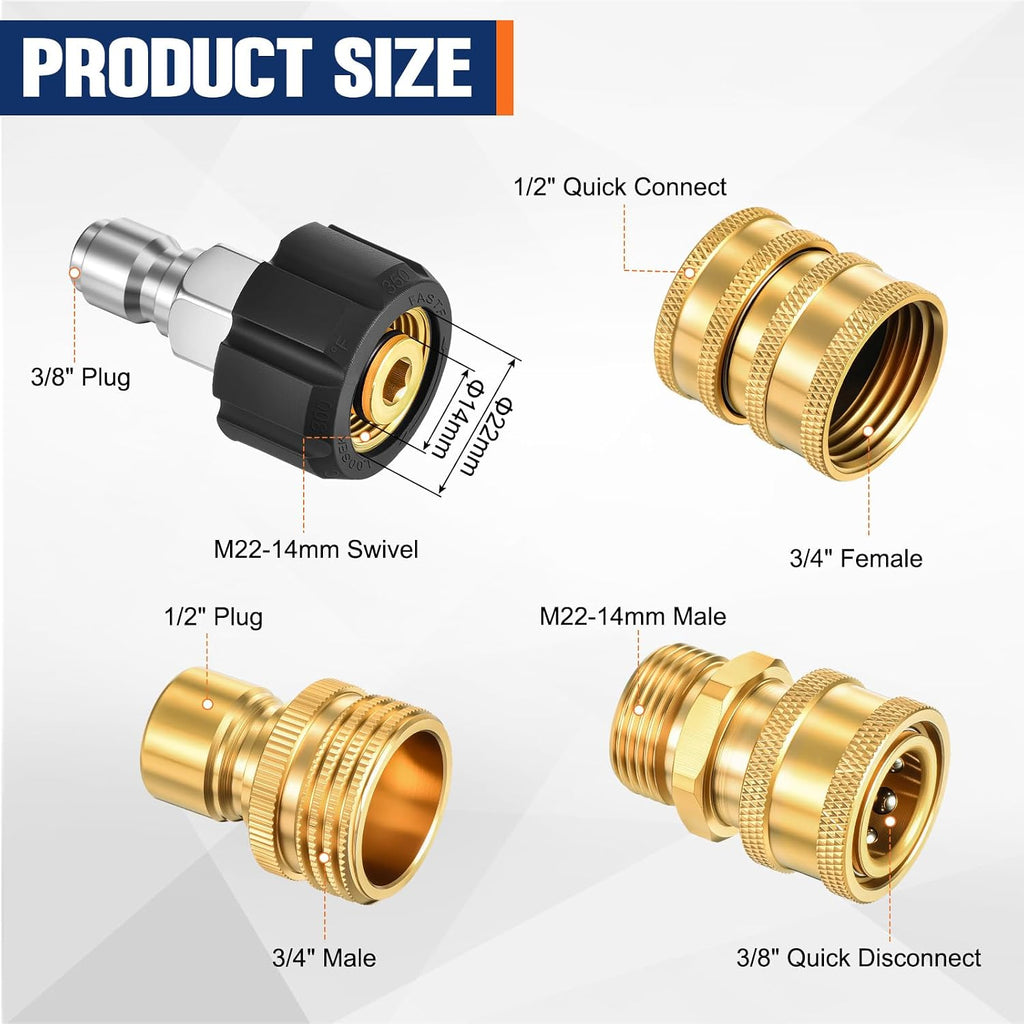 Pressure Washer Adapter Set, 9PCS Brass Quick Disconnect Kit, M22 Swivel to 3/8'' Quick Connect, 3/4" to Quick Release