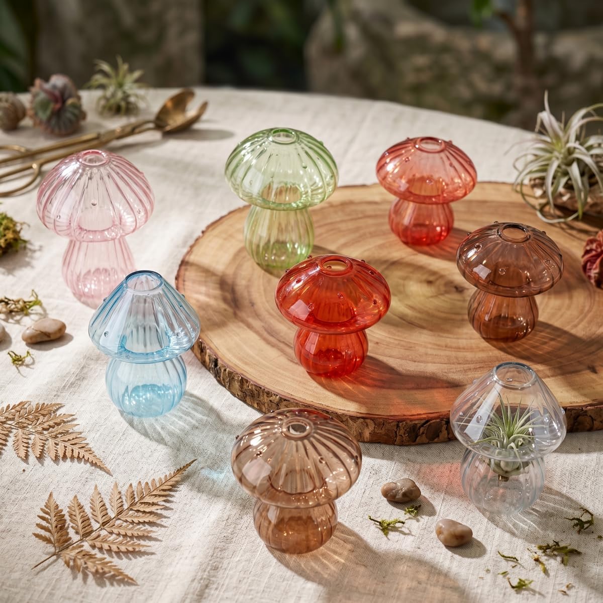 Mushroom Plant Propagation Station, 5 Vases, Wooden Stand | Colored Glass, Hydroponic, Mini Terrarium Planter, Indoor