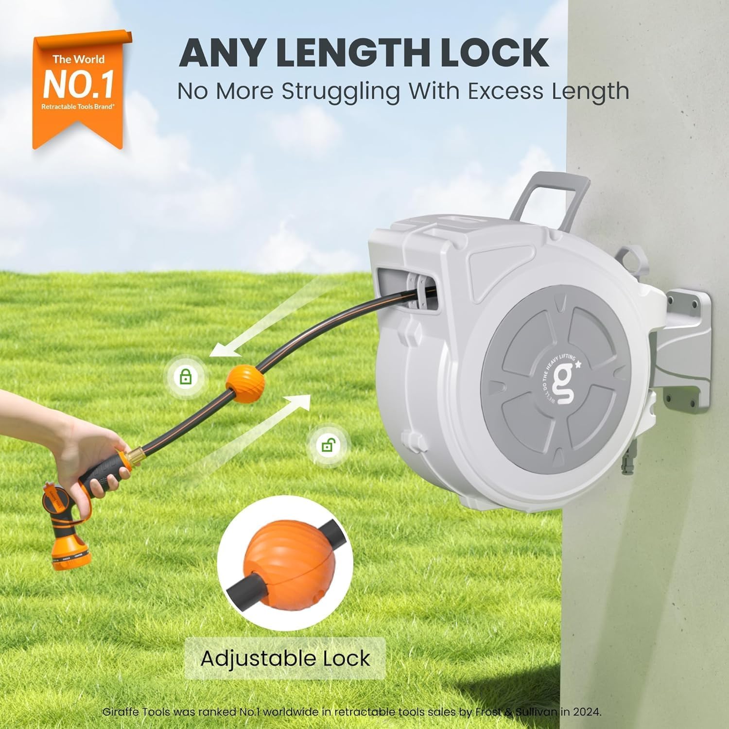 Giraffe Tools Retractable Hose Reel 1/2" x 65 ft Wall Mount Auto Rewind | Garden Hose Reel Heavy Duty,Any Length
