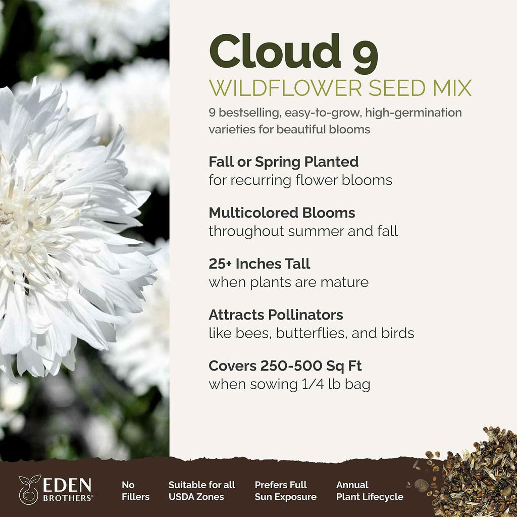 Eden Brothers Cloud 9 Flower Mixed Seeds for Planting, 1/4 lb, 120,000+ Seeds with White Candytuft, Cosmos Purity