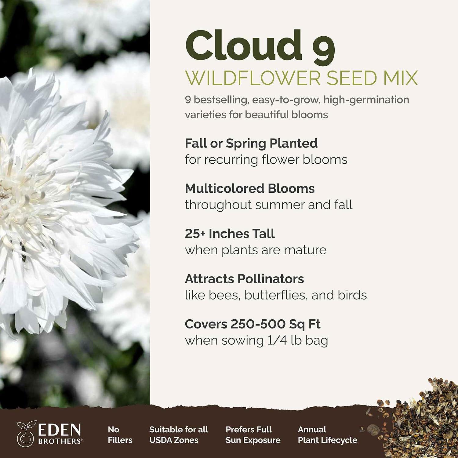 Eden Brothers Cloud 9 Flower Mixed Seeds for Planting, 1/4 lb, 120,000+ Seeds with White Candytuft, Cosmos Purity