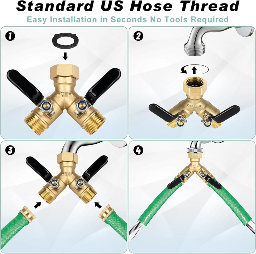 Garden Hose Splitter 2 Way,Brass 3/4" GHT with Long Handles | Heavy-Duty Brass Y Connector with Shut Off Valves,Water