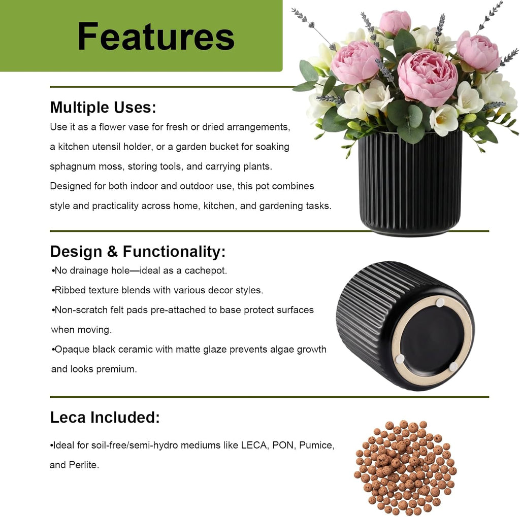 Ceramic Orchid Pot, Clear Nursery Pot & self Watering,5 inch,Black | Dual-Pot System,Root Visibility,Flexible Use for