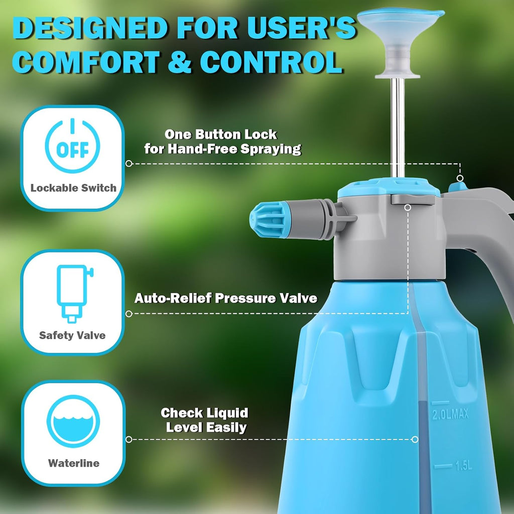 Hand Pump Sprayer 1/2 Gallon, Leak-Proof Plant Mister Spray Bottle | 2L Handheld Garden Pressure Sprayer, Lockable