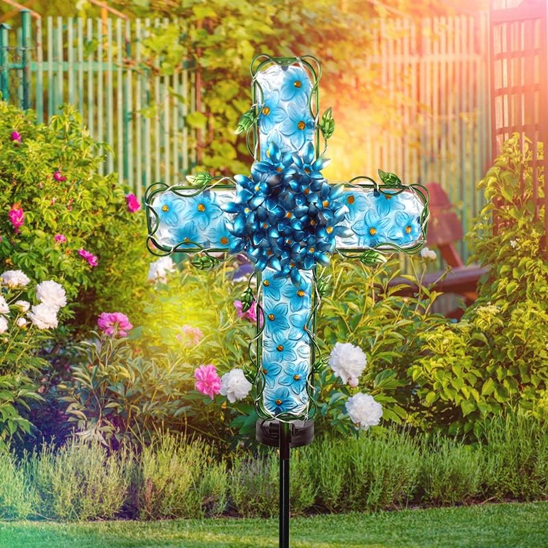 COOZZYHOUR Solar Cross Garden Lights Outdoor Decorative - Solar Metal&Glass Cross Blue Hydrangea Flower Stake Lights