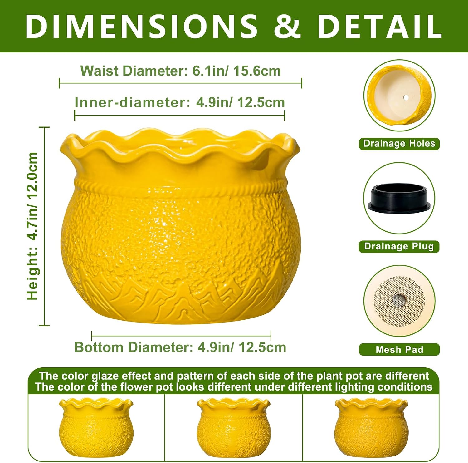 Ceramic Plant Pots, 6 Inch Indoor Planter with Drainage, Yellow | Decorative Flower Pots for Indoor Plants, Unique
