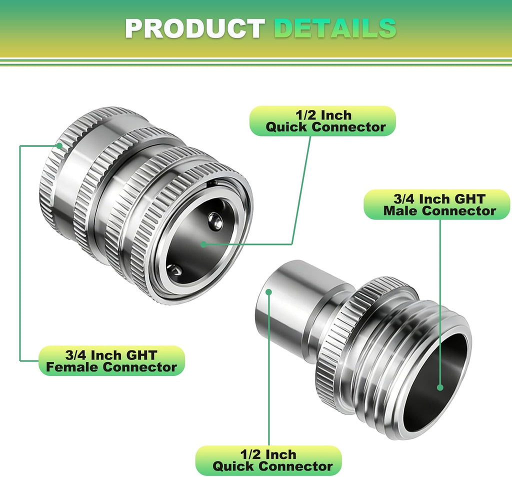 5 Sets 3/4 GHT Stainless Steel Garden Hose Quick Connect Fittings Set | 5 Female Couplers & 5 Male Adapters