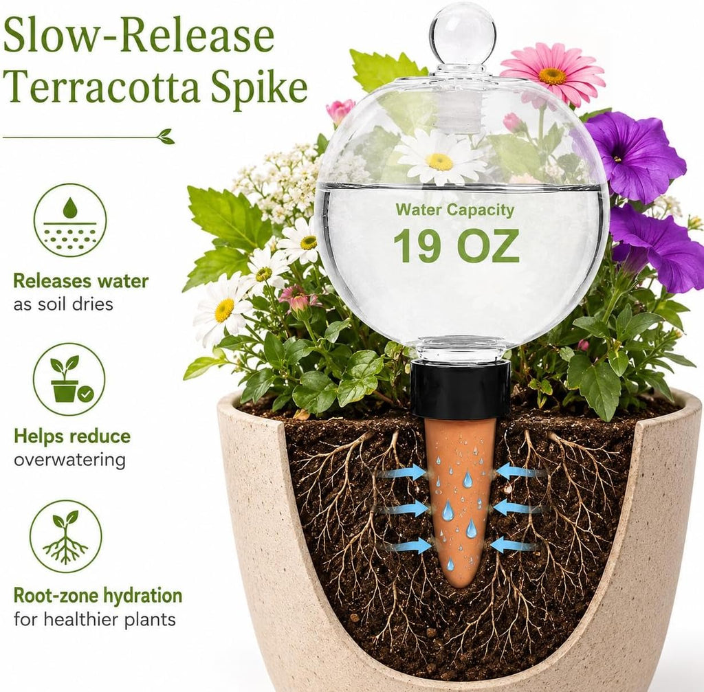 19 oz Large Self Watering Globes for Plants, Top Fill, 4 Pack | Clear 19 oz reservoir with porous terracotta spike for