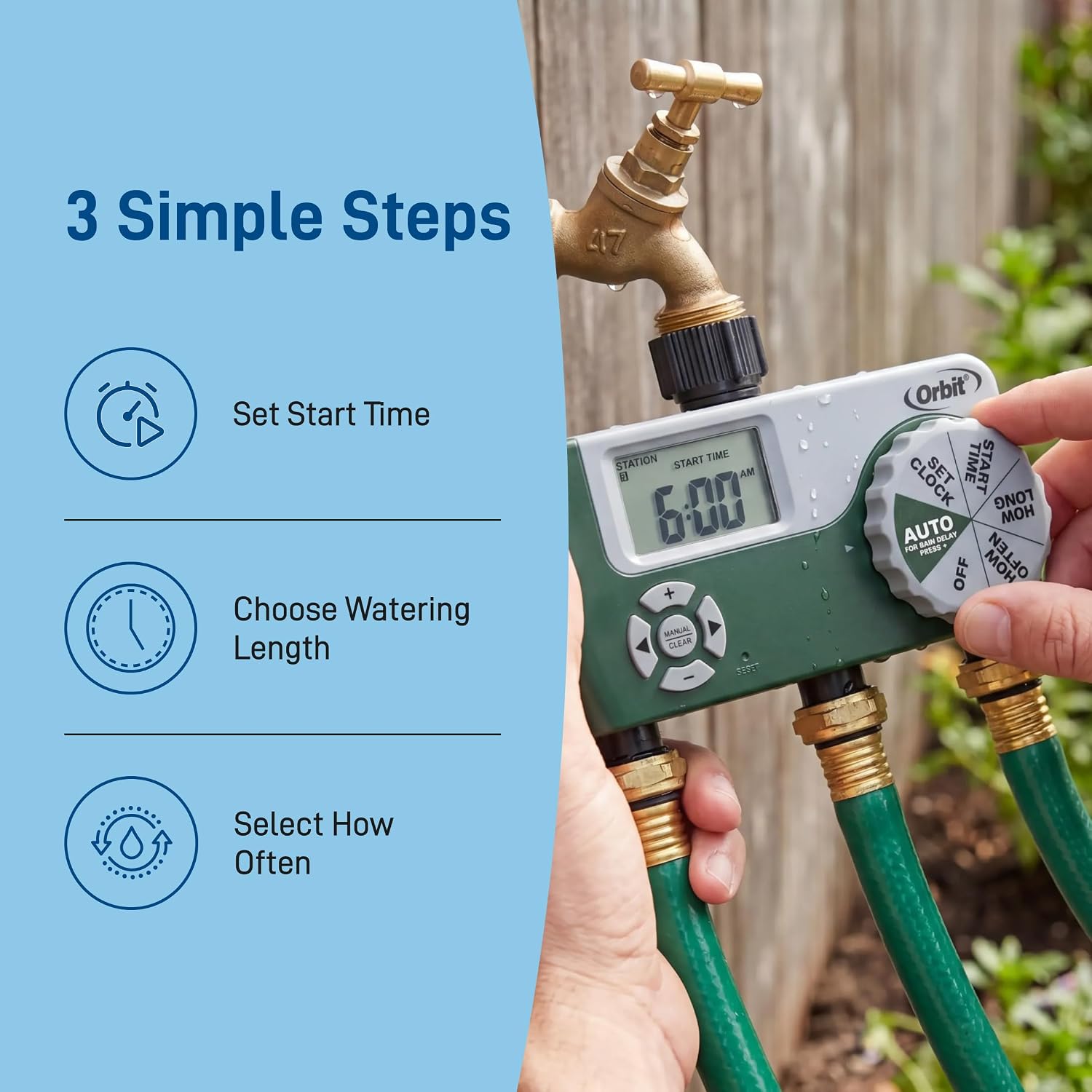 Orbit Programmable Digital Hose Watering Timer - 3 Outlet - Battery Powered - with LCD Screen - Built-in Rain Delay