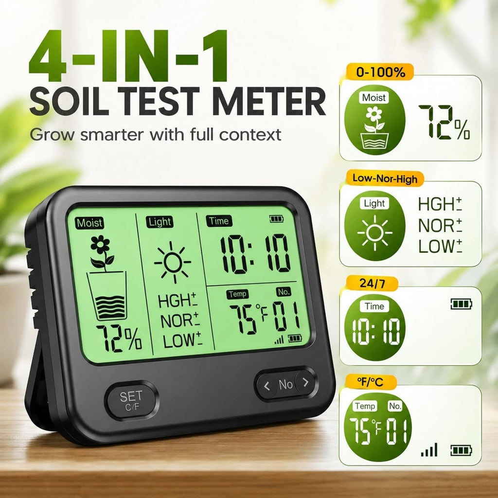 4-in-1 Soil Moisture Meter for Plants ,Soil Temperature /Moisture /Sunlight Time, Large Screen, Garden Soil Tester for