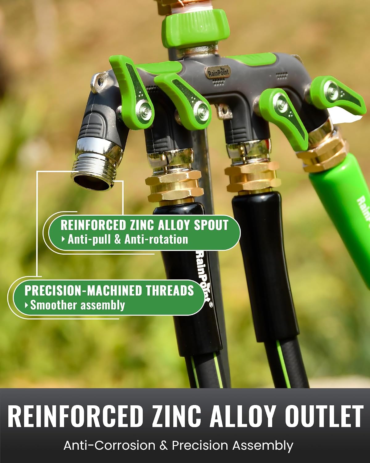 RAINPOINT 4 Way Garden Hose Splitter, 100% Metal Heavy Duty Water Hose Splitter with Individual Shut-Off Valves, 3/4"