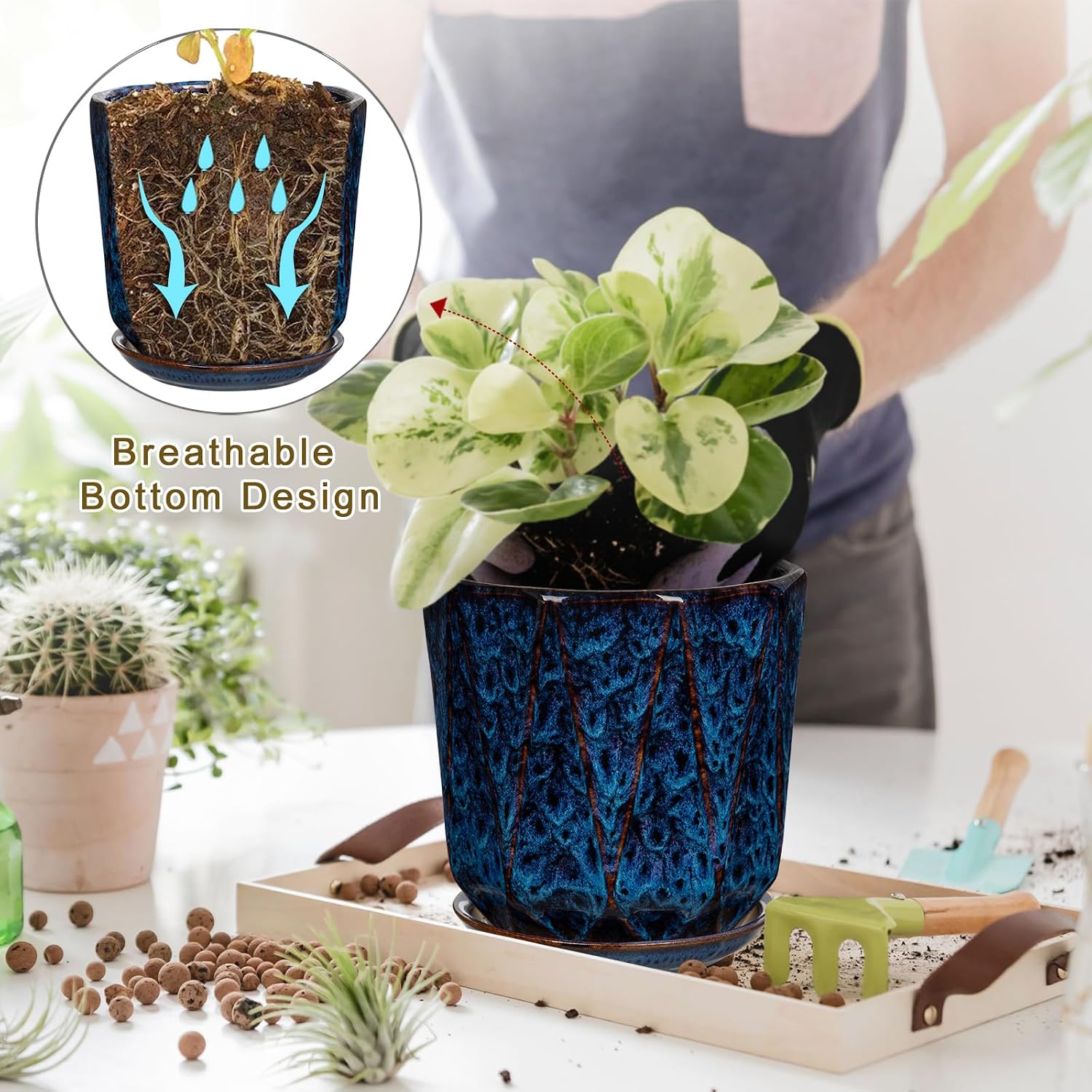 Oairse Ceramic Pots for Plants, 8+6 inch Plant Pots with Drainages Holes & Saucers Large Blue Ceramic Planters