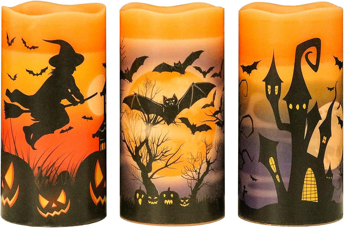 Eldnacele Halloween Flameless Flickering LED Pillar Candles with 6H Timer
