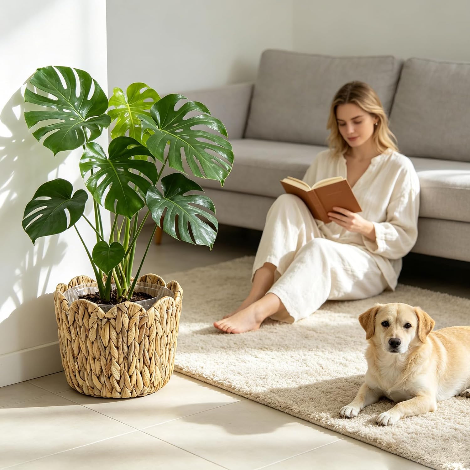 3 Pack Woven Rattan Planter Baskets, Scalloped Planter Baskets with Natural Water Hyacinth, Waterproof Liner, Wicker