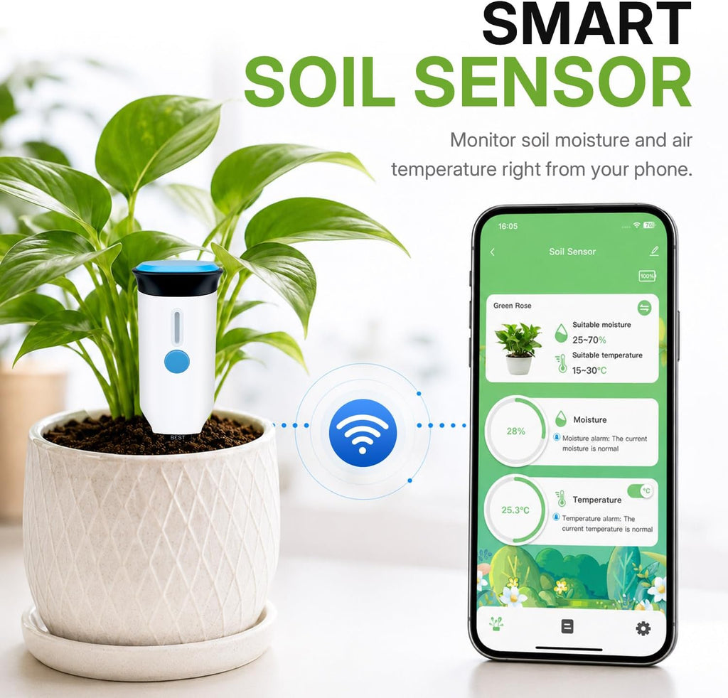 Mcbazel WiFi Smart Soil Tester, No Hub Needed, Tuya/Smart Life App | Soil moisture & air temp, IP66 waterproof, 2 AA