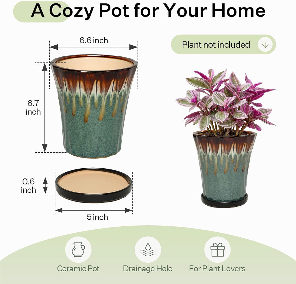 6.6 Inch Ceramic Planters with Drainage Hole and Saucer,Indoor Outdoor Large Flower Pots, Garden Pot for Plant Lovers