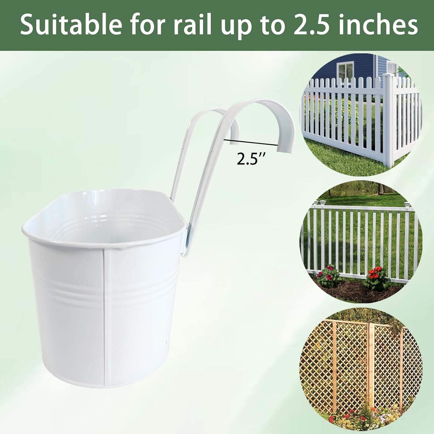 2 Pack 12" Metal Balcony Fence Railing Planters for Outdoor, Oval White | Detachable hooks, Drainage holes, Rustproof