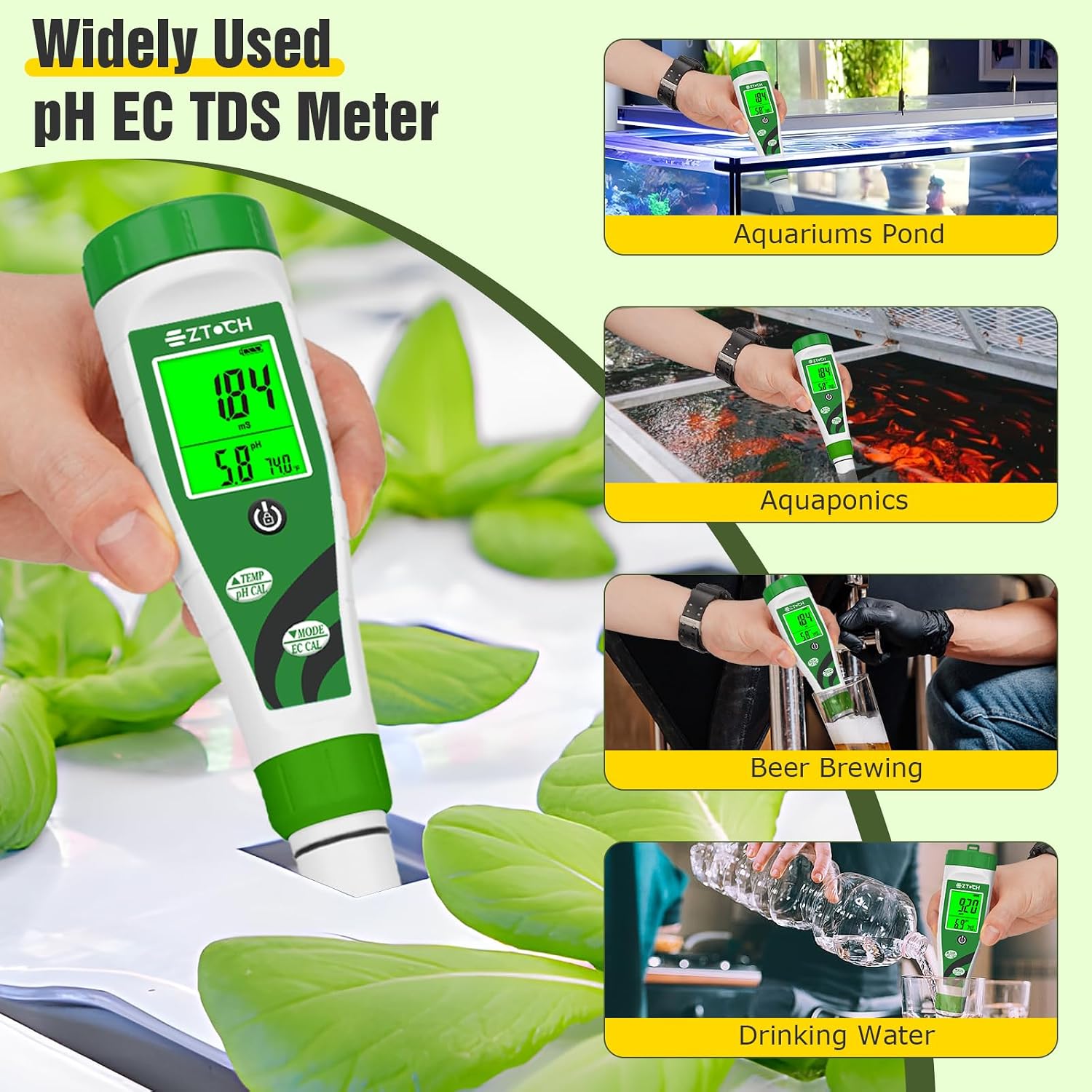Hydroponic pH EC Meter, Water pH TDS PPM Meter | for Reservoir Nutrient Solution, pH EC Meter for Water Hydroponic DWC