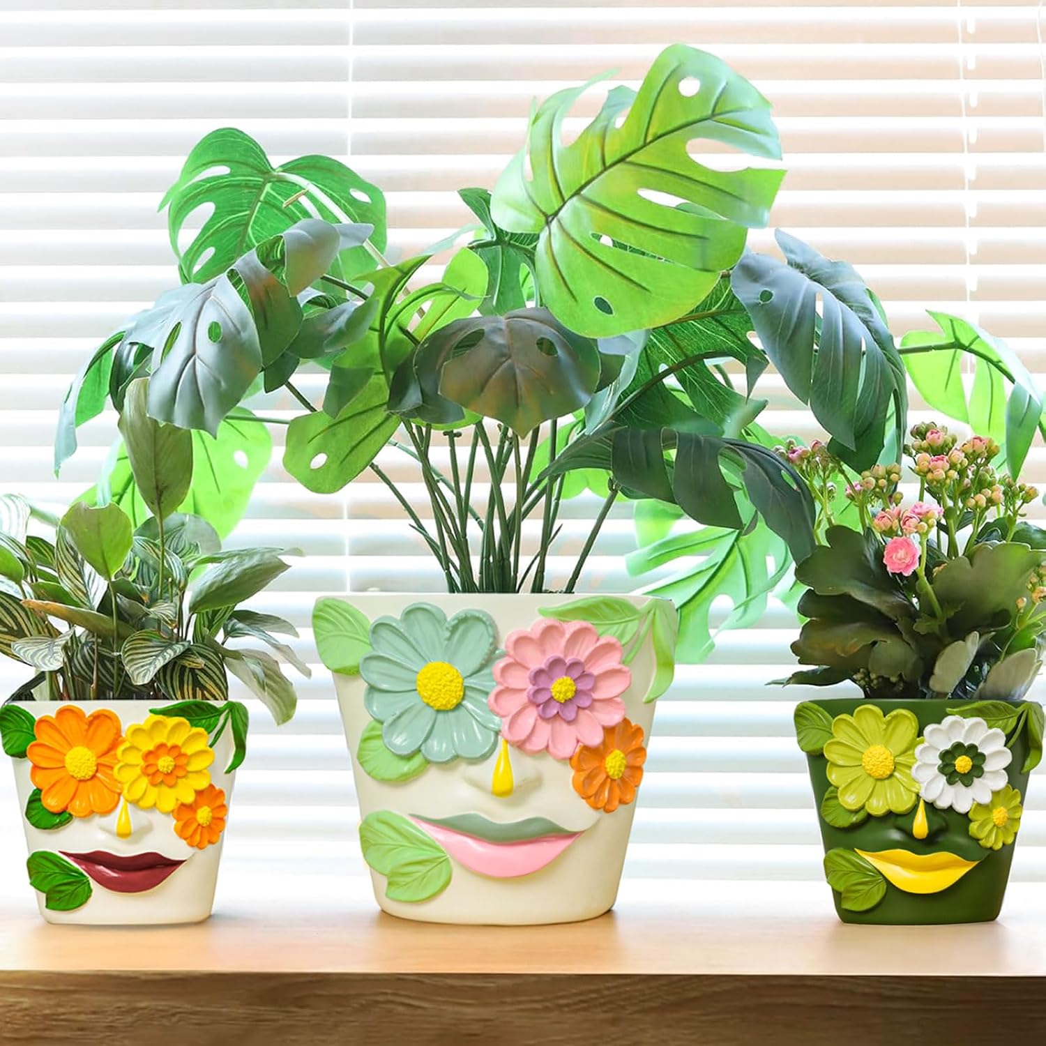 GUGUGO 8 Inch Large Flower Face Planters, Abstract Unique Head Plant Pot with Drainage, Rainbow Colorful Cute Flower