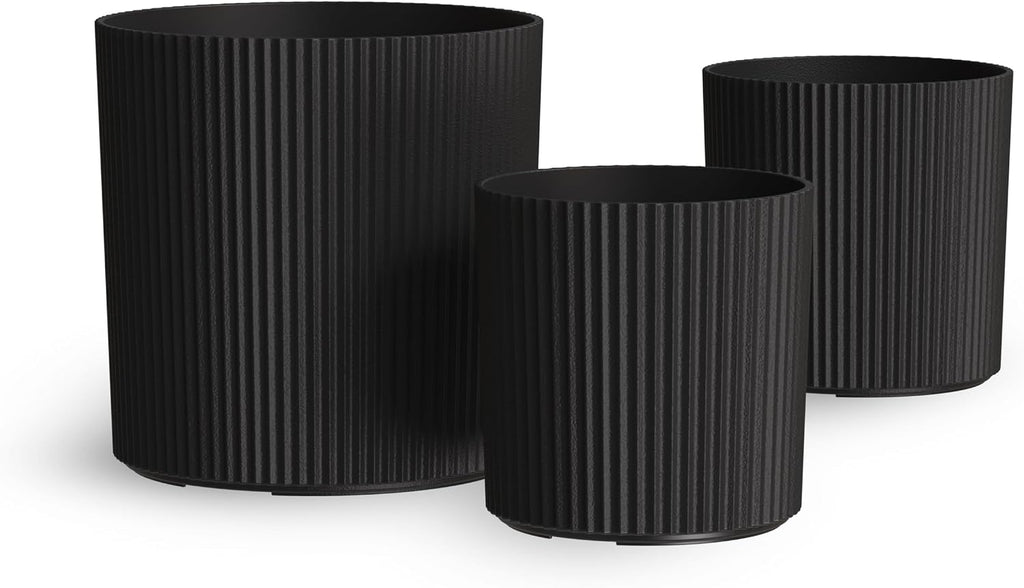 Mayne Haven Round Fluted Modern Planter Set, Black, 3-Pack | Round fluted modern design, All Season, Fade resistant