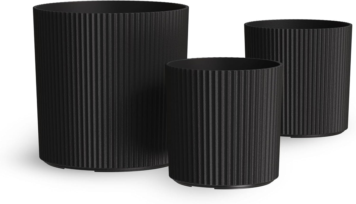Mayne Haven Round Fluted Modern Planter Set, Black, 3-Pack | Round fluted modern design, All Season, Fade resistant